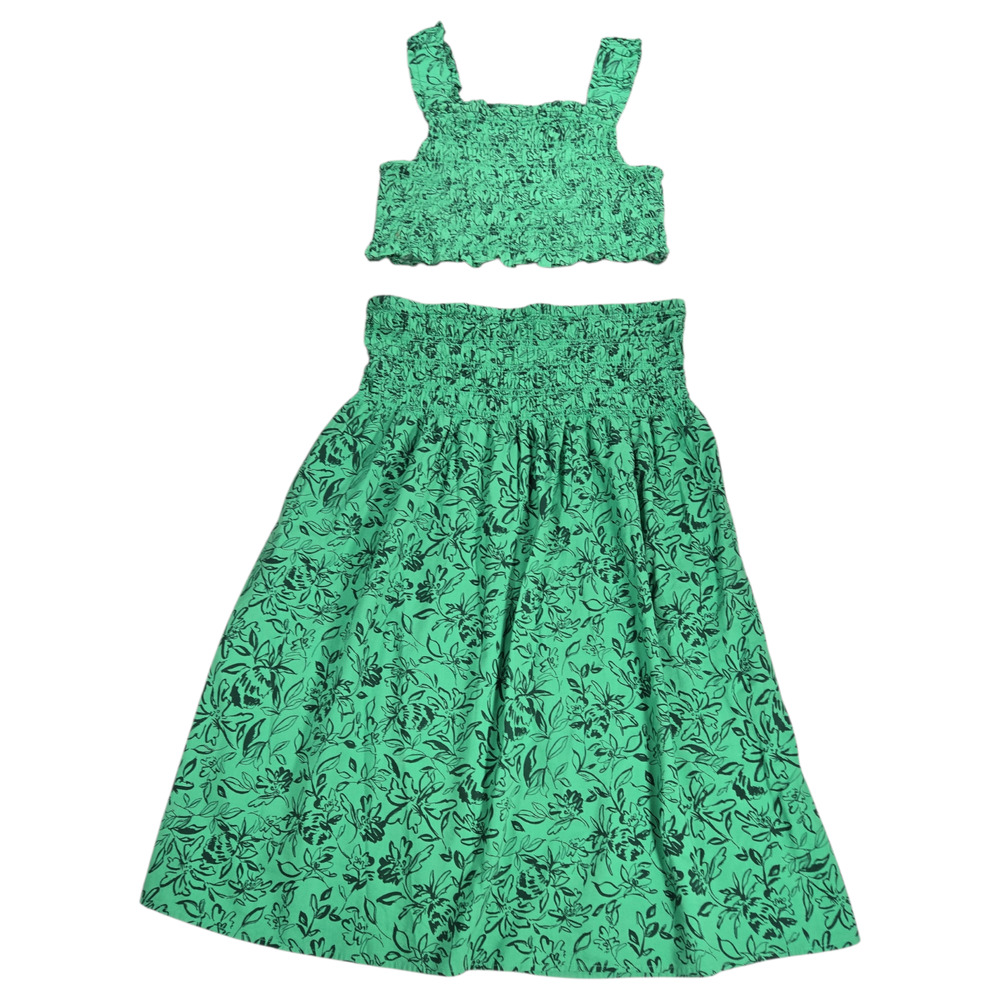 Ingrid Isabel Maternity LG Green Floral Smocked 2 PC Midi Skirt Tank Set Bump
